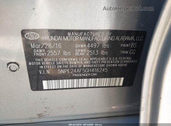 5NPE24AF5GH416245 2016 HYUNDAI SONATA Silver Engine compartment view