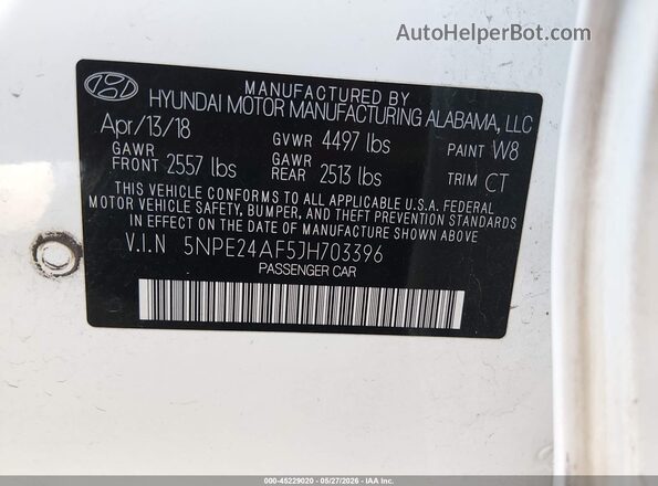 5NPE24AF5JH703396 2018 HYUNDAI SONATA White Engine compartment view