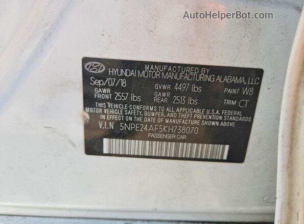 5NPE24AF5KH738070 2019 HYUNDAI SONATA White 