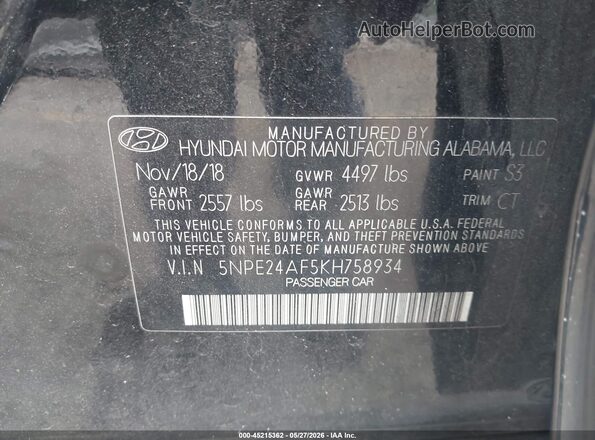 5NPE24AF5KH758934 2019 HYUNDAI SONATA Black Engine compartment view