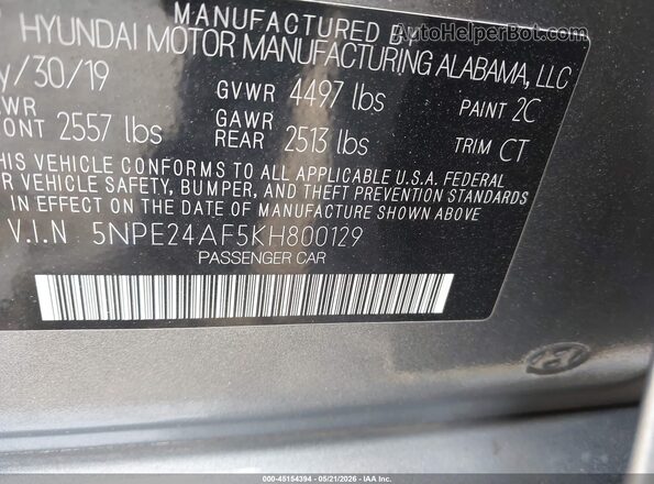 5NPE24AF5KH800129 2019 HYUNDAI SONATA Gray 