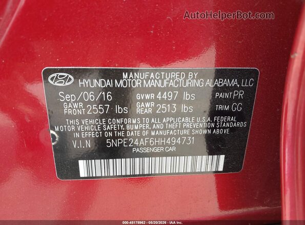 5NPE24AF6HH494731 2017 HYUNDAI SONATA Red Շարժիչի բաժամունքի տեսք