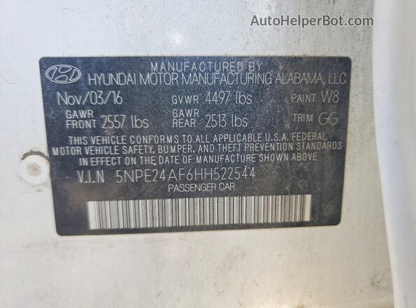 5NPE24AF6HH522544 2017 HYUNDAI SONATA Белый Вид наклейки с VIN-кодом