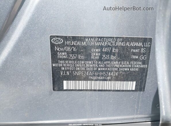 5NPE24AF6HH524424 2017 HYUNDAI SONATA Gray Widok komory silnika