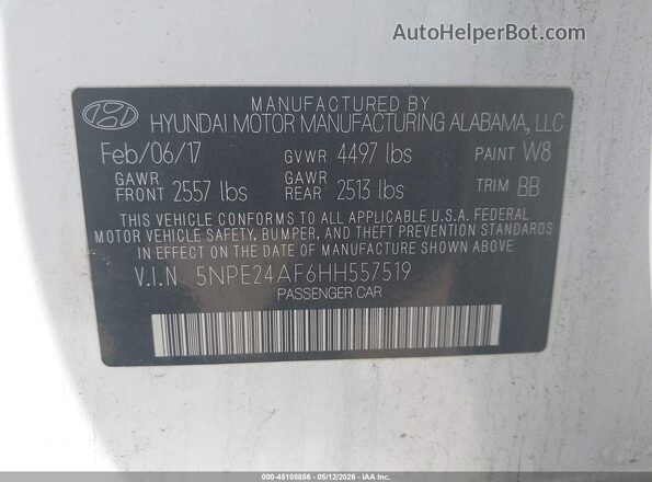5NPE24AF6HH557519 2017 HYUNDAI SONATA Белый Вид подкапотного пространства