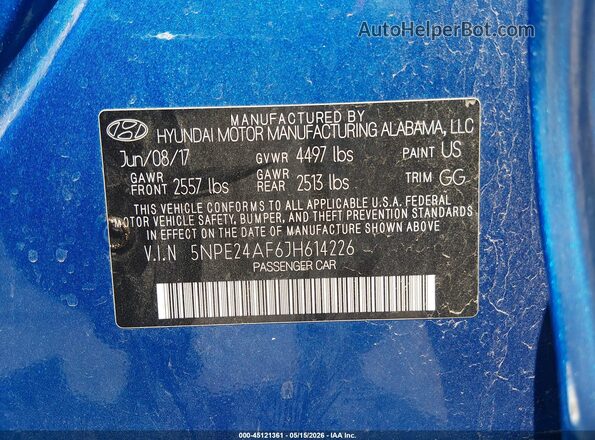 5NPE24AF6JH614226 2018 HYUNDAI SONATA Blue Շարժիչի բաժամունքի տեսք
