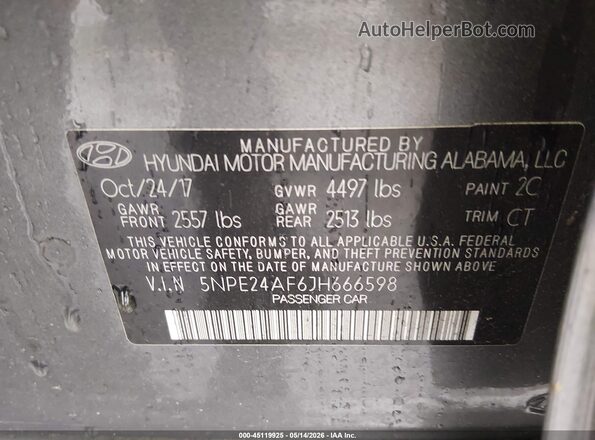 5NPE24AF6JH666598 2018 HYUNDAI SONATA Gray Engine compartment view