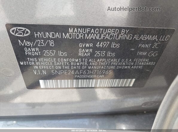 5NPE24AF6JH716965 2018 HYUNDAI SONATA Gray Շարժիչի բաժամունքի տեսք