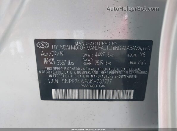 5NPE24AF6KH787777 2019 HYUNDAI SONATA Silver 