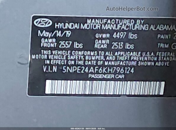 5NPE24AF6KH796124 2019 HYUNDAI SONATA Gray Вид підкапотного простору