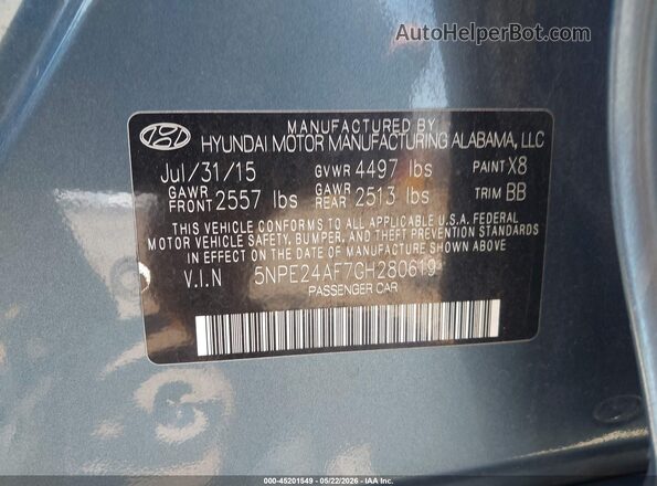 5NPE24AF7GH280619 2016 HYUNDAI SONATA Blue Engine compartment view