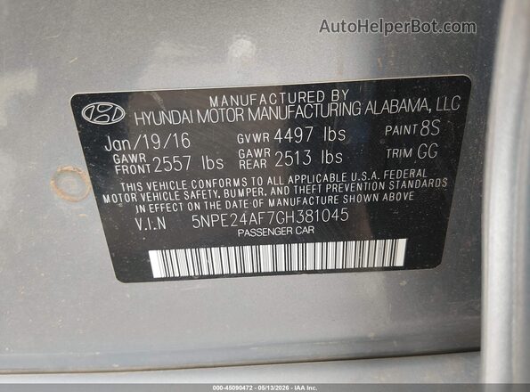 5NPE24AF7GH381045 2016 HYUNDAI SONATA Silver ძრავის განყოფილების ხედი