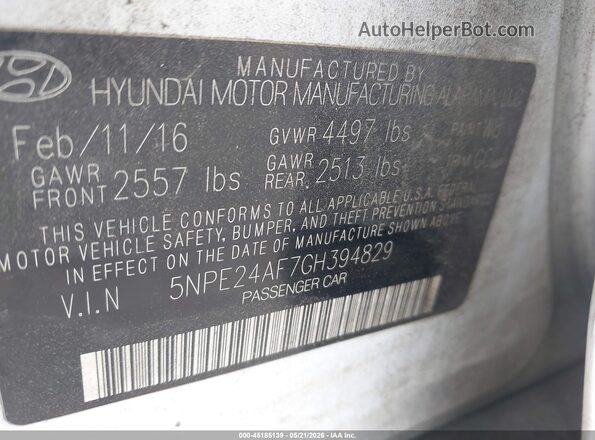 5NPE24AF7GH394829 2016 HYUNDAI SONATA White Вид підкапотного простору