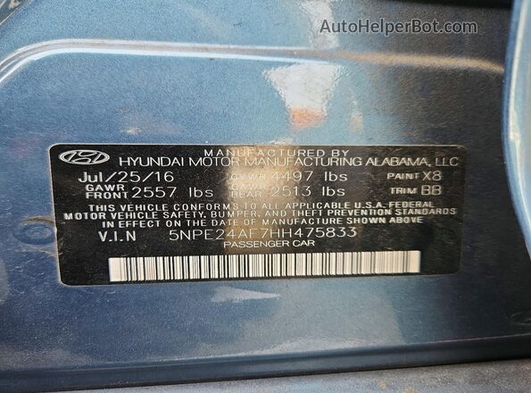 5NPE24AF7HH475833 2017 HYUNDAI SONATA Blue 
