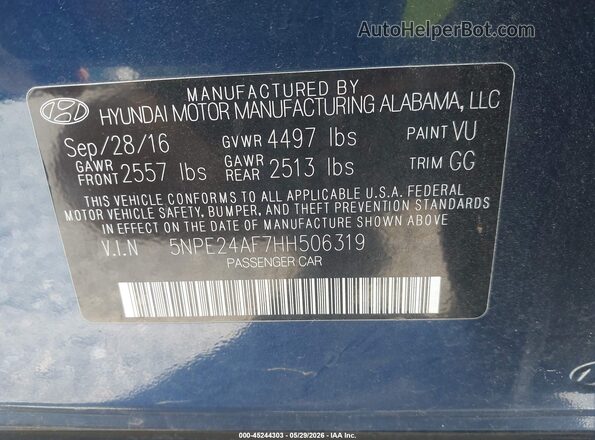5NPE24AF7HH506319 2017 HYUNDAI SONATA Blue 