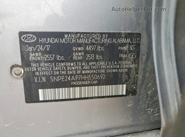 5NPE24AF7HH550692 2017 HYUNDAI SONATA Gray VIN կոդի պիտակի տեսք