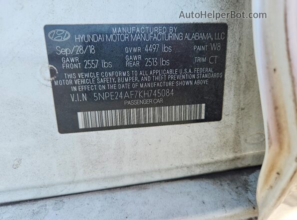 5NPE24AF7KH745084 2019 HYUNDAI SONATA White VIN sticker view