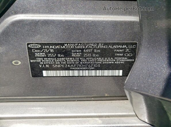 5NPE24AF7KH767103 2019 HYUNDAI SONATA Gray 