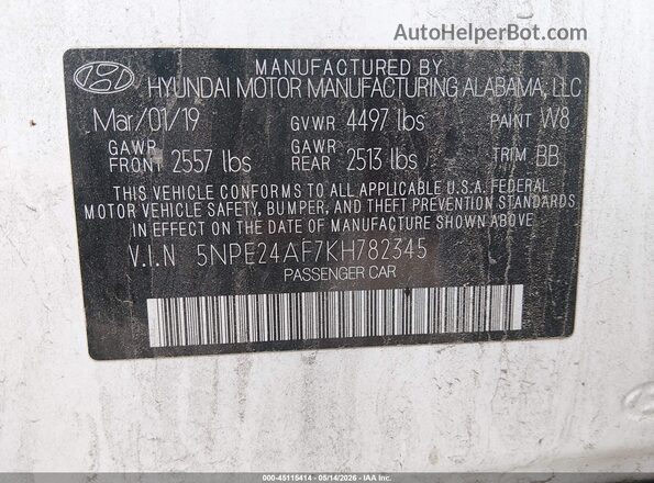5NPE24AF7KH782345 2019 HYUNDAI SONATA Белый Вид подкапотного пространства