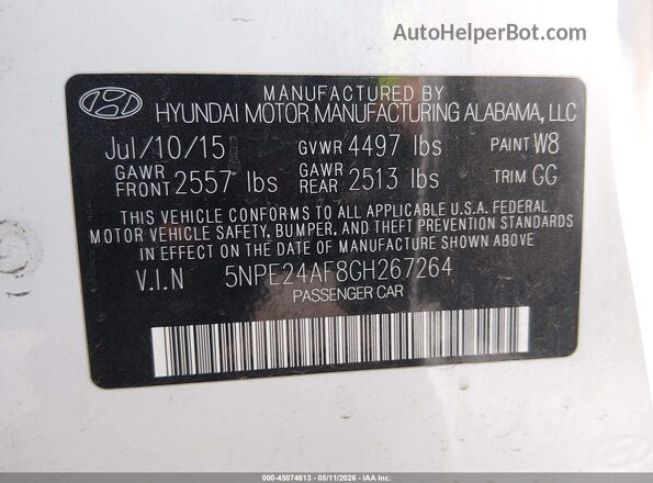 5NPE24AF8GH267264 2016 HYUNDAI SONATA Белый Вид подкапотного пространства