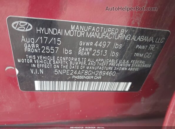 5NPE24AF8GH289460 2016 HYUNDAI SONATA Red 