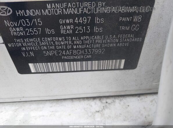5NPE24AF8GH337992 2016 HYUNDAI SONATA White Вид підкапотного простору