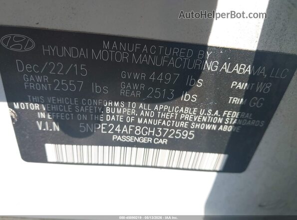 5NPE24AF8GH372595 2016 HYUNDAI SONATA White Вид підкапотного простору