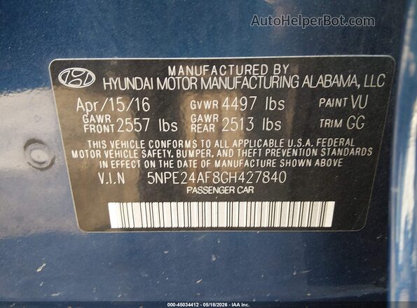 5NPE24AF8GH427840 2016 HYUNDAI SONATA Blue ძრავის განყოფილების ხედი