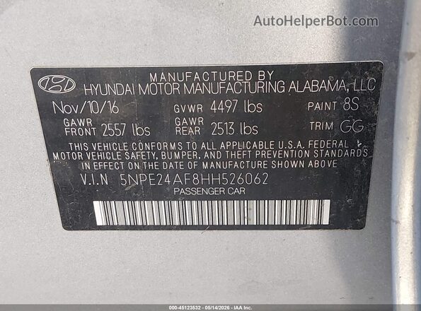 5NPE24AF8HH526062 2017 HYUNDAI SONATA Silver Vista del compartimento del motor