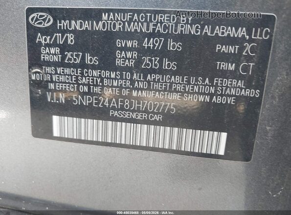 5NPE24AF8JH702775 2018 HYUNDAI SONATA Gray 