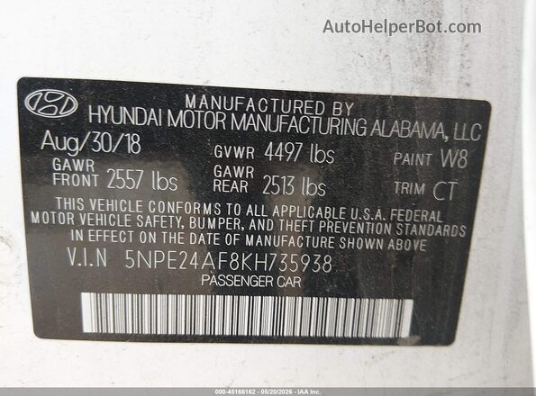 5NPE24AF8KH735938 2019 HYUNDAI SONATA White Вид підкапотного простору