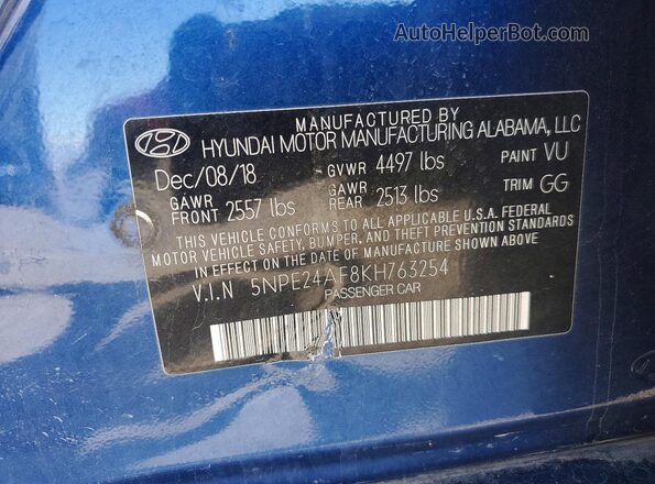 5NPE24AF8KH763254 2019 HYUNDAI SONATA Blue 