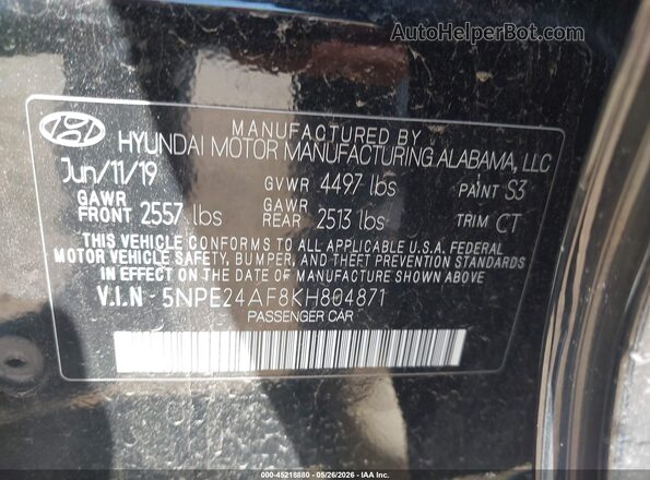 5NPE24AF8KH804871 2019 HYUNDAI SONATA Черный Вид подкапотного пространства