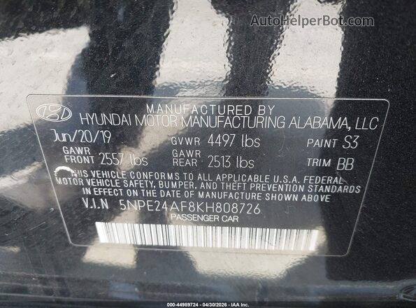 5NPE24AF8KH808726 2019 HYUNDAI SONATA Black Widok komory silnika