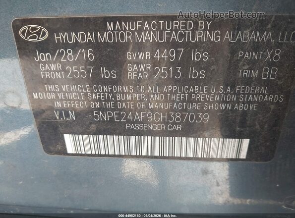 5NPE24AF9GH387039 2016 HYUNDAI SONATA Blue Engine compartment view