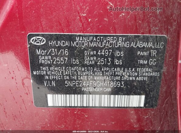 5NPE24AF9GH418693 2016 HYUNDAI SONATA Красный Вид подкапотного пространства
