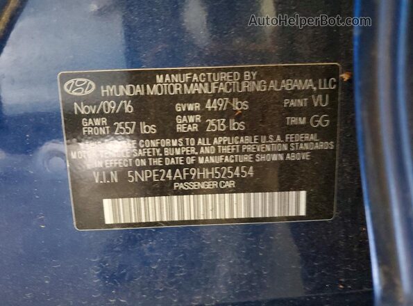 5NPE24AF9HH525454 2017 HYUNDAI SONATA Blue Շարժիչի բաժամունքի տեսք