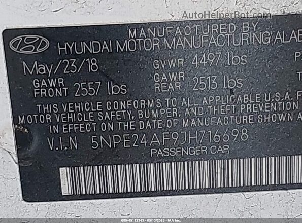 5NPE24AF9JH716698 2018 HYUNDAI SONATA Белый Вид подкапотного пространства