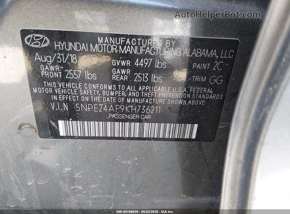 5NPE24AF9KH736211 2019 HYUNDAI SONATA Серый Вид подкапотного пространства