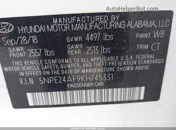 5NPE24AF9KH745331 2019 HYUNDAI SONATA White Вид підкапотного простору