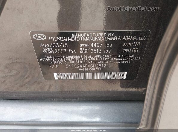 5NPE24AFXGH281215 2016 HYUNDAI SONATA Gray Widok komory silnika