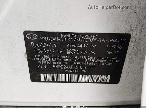 5NPE24AFXGH361971 2016 HYUNDAI SONATA White Engine compartment view