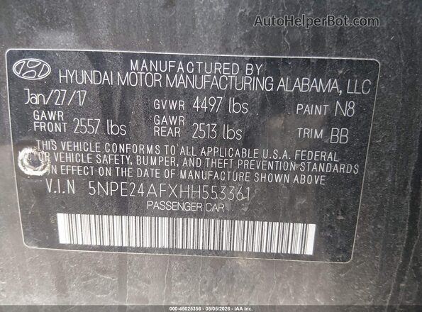 5NPE24AFXHH553361 2017 HYUNDAI SONATA Gray Вид підкапотного простору