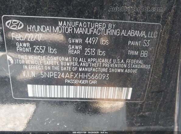 5NPE24AFXHH566093 2017 HYUNDAI SONATA Black Engine compartment view