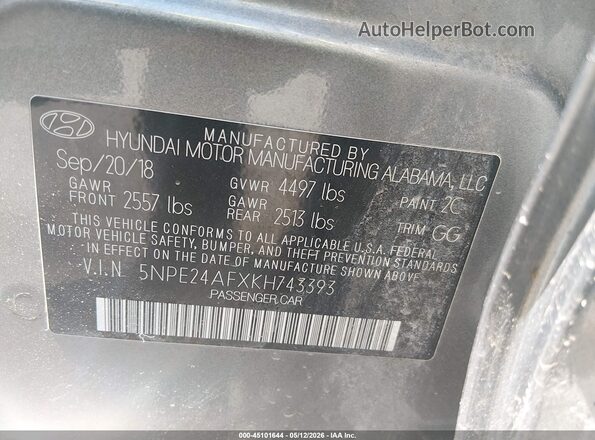 5NPE24AFXKH743393 2019 HYUNDAI SONATA Gray ძრავის განყოფილების ხედი