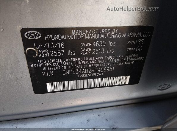 5NPE34AB2HH458951 2017 HYUNDAI SONATA Серый Вид подкапотного пространства