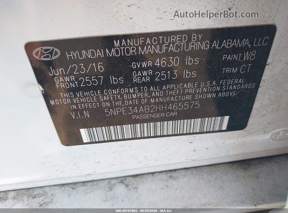 5NPE34AB2HH465575 2017 HYUNDAI SONATA White Vista del compartimento del motor