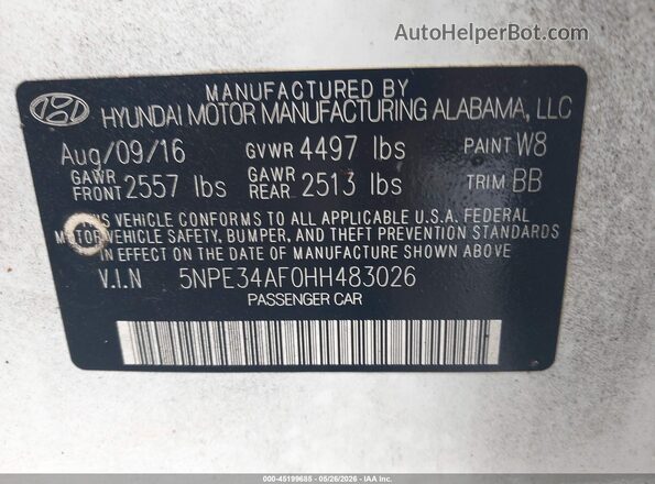 5NPE34AF0HH483026 2017 HYUNDAI SONATA White Вид підкапотного простору