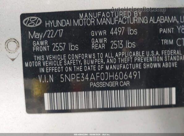 5NPE34AF0JH606491 2018 HYUNDAI SONATA Серебряный Вид подкапотного пространства