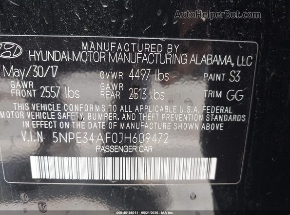 5NPE34AF0JH609472 2018 HYUNDAI SONATA Black 